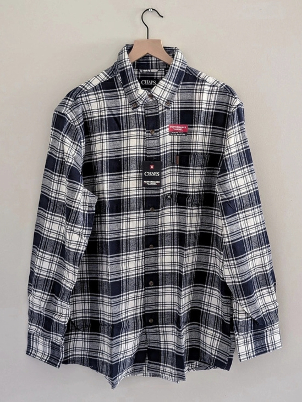 Chaps Men's Performance Flannel Button-Down Shirt Plaid Button Down Blue & White